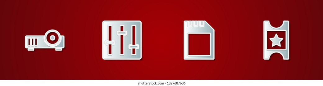 Set Media projector, Sound mixer controller, SD card and Cinema ticket icon. Vector.