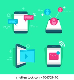 Set of media and social network concepts with smartphone, mobile messenger chat, user group, invitation conference, viewing video and audio files, incoming email, 3d flat vector illustration