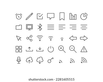 Set of Media and Web icons in line style. Vector illustration. UI UX interface icons. User, profile, message, document file, social media, button, home, chat, arrow, collection.