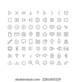 Set of Media and Web icons in line style. Vector illustration. UI UX interface icons. User, profile, message, document file, social media, button, home, chat, arrow, collection.