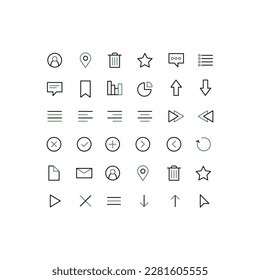 Set of Media and Web icons in line style. Vector illustration. UI UX interface icons. User, profile, message, document file, social media, button, home, chat, arrow, collection.