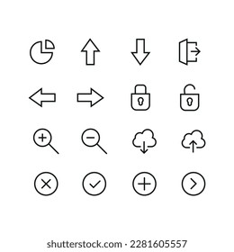 Conjunto de iconos de medios y Web en estilo de línea. Ilustración vectorial. iconos de interfaz de usuario UX. Usuario, perfil, mensaje, archivo de documento, social media, botón, casa, chat, flecha, colección.