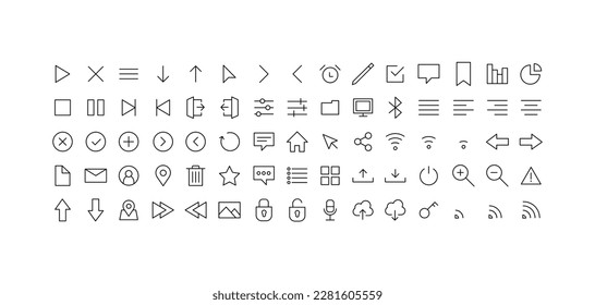 Set of Media and Web icons in line style. Vector illustration. UI UX interface icons. User, profile, message, document file, social media, button, home, chat, arrow, collection.