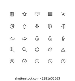 Set of Media and Web icons in line style. Vector illustration. UI UX interface icons. User, profile, message, document file, social media, button, home, chat, arrow, collection.