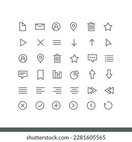 Set of Media and Web icons in line style. Vector illustration. UI UX interface icons. User, profile, message, document file, social media, button, home, chat, arrow, collection.