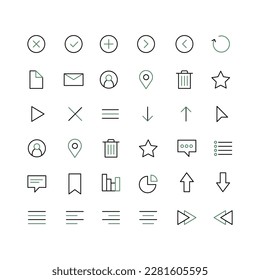 Set of Media and Web icons in line style. Vector illustration. UI UX interface icons. User, profile, message, document file, social media, button, home, chat, arrow, collection.