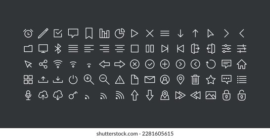 Set of Media and Web icons in line style. Vector illustration. UI UX interface icons. User, profile, message, document file, social media, button, home, chat, arrow, collection.