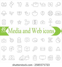 Set of Media and Web icons in line style. Data analytics, Digital marketing, Management, Message, Phone. Vector illustration