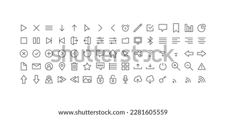 Set of Media and Web icons in line style. Vector illustration. UI UX interface icons. User, profile, message, document file, social media, button, home, chat, arrow, collection.