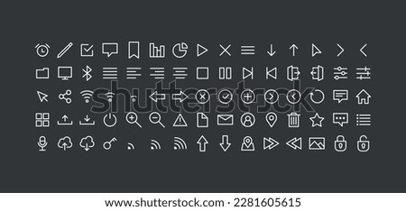 Set of Media and Web icons in line style. Vector illustration. UI UX interface icons. User, profile, message, document file, social media, button, home, chat, arrow, collection.