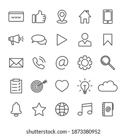 Conjunto de iconos web de Media en estilo de línea delgada. Colección de iconos vectoriales: Contacto, digital, marketing, social, de comunicación, redes, retroalimentación, comunicación, subida de pulgares, tecnología, sitio web