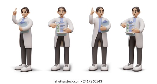 Set of medic holding clipboard and showing document in different positions. Cartoon medical worker. Medicine concept. Vector illustration in 3d style with white background