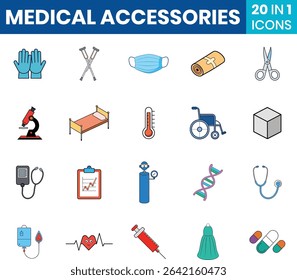 A set of medical accessories icons isolated on a white background. The icons include items such as gloves, crutches, a mask, bandage, scissors, microscope, bed, thermometer, wheelchair, and other heal