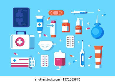 Set of medical accessories vector illustration. Different hospital premises consists of pills, syringe, hygienic mask and enema vector illustration flat style design. Health care concept