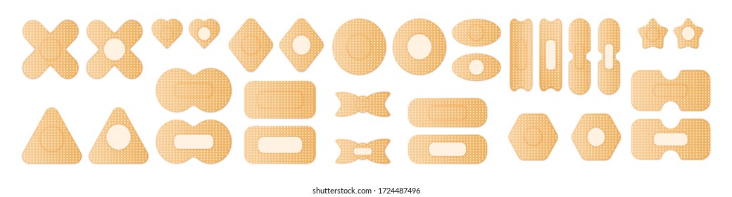 Set Of Medical Adhesive Tape Plasters Isolated On White Background. Dressing Plasters, Wound Cross Plastering Band And Porous Bandage Plasterers. Vector Illustration, Eps 10.