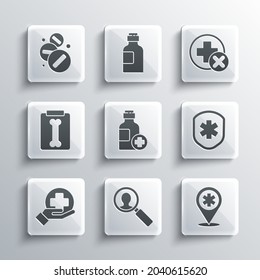 Set Medical analysis, Map pointer with cross hospital, shield, Bottle of medicine syrup, Cross medical, X-ray shots, Medicine pill or tablet and  icon. Vector