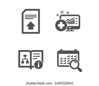 Set of Medical analytics, Technical algorithm and Upload file icons. Search calendar sign. Medicine system, Project doc, Load document. Find date.  Classic design medical analytics icon. Flat design