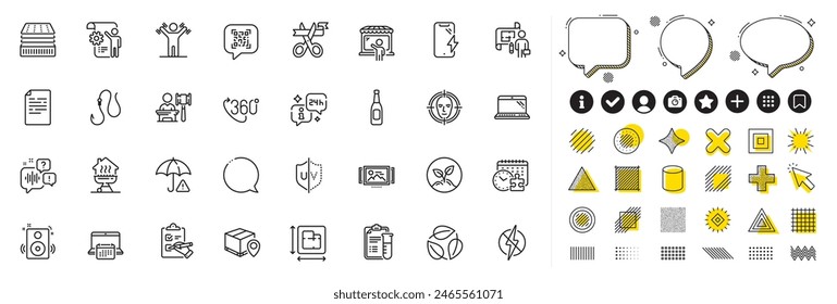 Set of Medical analyzes, Settings blueprint and Antistatic line icons for web app. Design elements, Social media icons. Hook, Leaves, Speakers icons. Beer, Home grill, Auction signs. Vector