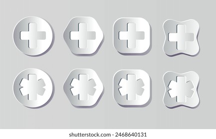 Conjunto de Insignias Médicas con Cuidado Médico Cross.White Botones convexos, etiquetas de diferentes Formas con relieve. Diseño Neomórfico. Corte De Papel.