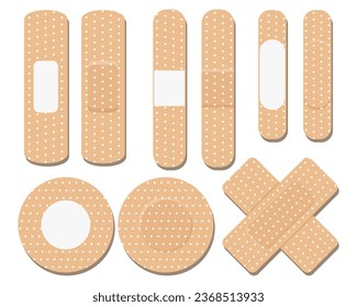 A set of medical bandages of various shapes. Various forms of adhesive tape for first aid. Medical icons. Vector	
