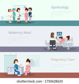 Set of medical banners with doctors and pregnant patients flat design vector illustration