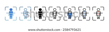 A set of medical body scan icons illustrating different scanning types and health conditions using simple human figures and scan frames. Vector illustration