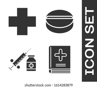 Set Medical book, Cross hospital medical, Medical syringe with needle and vial or ampoule and Medicine pill or tablet icon. Vector