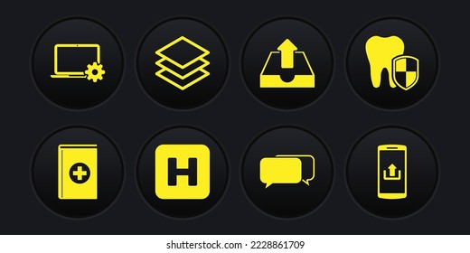 Set Medical book, Dental protection, Hospital, Chat, Upload inbox and Layers icon. Vector
