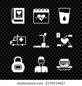 Set Medical book, Heart rate, Glass with water, Kettlebell, Positive thinking, Junk food, Ambulance and emergency car and Treadmill machine icon. Vector