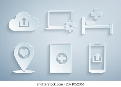 Set Medical book, Hospital bed, Map pointer with heart, Smartphone upload, Laptop and gear and Cloud icon. Vector