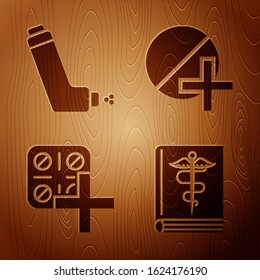 Set Medical book, Inhaler, Pills in blister pack and Medicine pill or tablet on wooden background. Vector