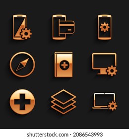 Set Medical book, Layers, Laptop and gear, Computer monitor, cross in circle and Wind rose icon. Vector
