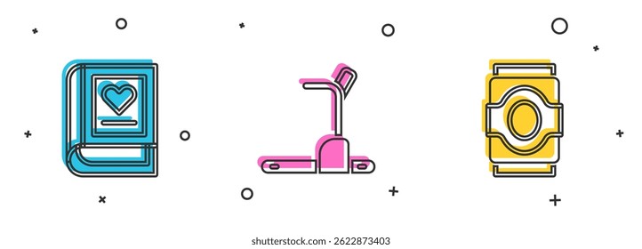 Set Medical book, Treadmill machine and Soda can icon. Vector