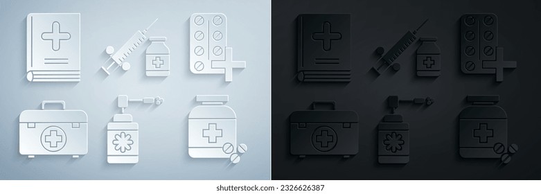 Set Medical bottle with nozzle spray, Pills in blister pack, First aid kit, Medicine and pills, syringe needle vial or ampoule and book icon. Vector