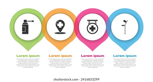 Set Medical bottle with nozzle spray, Map pointer with cross hospital, Hospital signboard and Crutch or crutches. Business infographic template. Vector