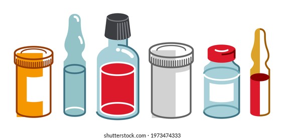 Set of medical bottles and vials vector flat style illustration isolated over white, meds drugstore concept, apothecary prescription medicament flagons and ampules.