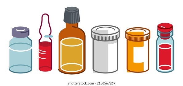 Set of medical bottles and vials vector flat style illustration isolated over white, meds drugstore concept, apothecary prescription medicament flagons and ampules.