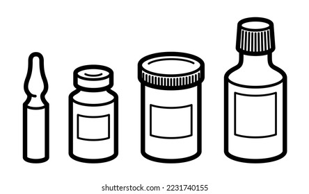 Conjunto de botellas médicas y viales vectoriales ilustraciones de estilo plano aisladas sobre blanco, concepto de farmacia de medicamentos para medicamentos con receta médica, banderas y ampulas.