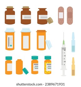 A set of medical bottles, vitamins, pills, syringe, plaster, ampoule. Vector flat illustration with medical objects on transparent background.