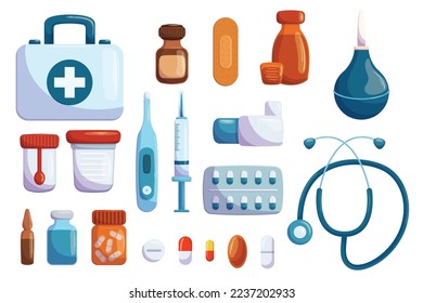 Set Medical Box, Bottle with Iodine, Plaster and Clyster. Container for Analysis, Stethoscope or Medicine Pills or Drugs in Blister. Isolated Health Care Tools or Elements. Cartoon Vector Illustration