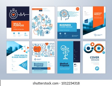 Set medical brochure  annual report  flyer design templates in A4 size  Vector illustrations for medical  healthcare  pharmacy presentation  document cover   layout template designs 