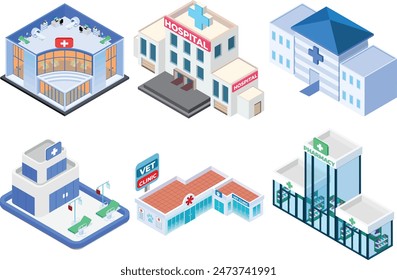 A set of medical buildings, including a hospital, vet clinic, and pharmacy. Ideal for medical websites, presentations, infographics, and more.