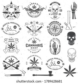 Set Of Medical Cannabis Badge, Label With Skull, Skeleton Hand, Smoking Marijuana. Vector. Vintage Typography Logo Design With Cannabis, Skeleton Hand Silhouette For Weed Shop, Marijuana Delivery