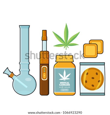Set of medical cannabis forms - marijuana leaf, pills, patches, cookie, bong and vaporizer, flat style vector illustration isolated on white background. Medical cannabis, marijuana set