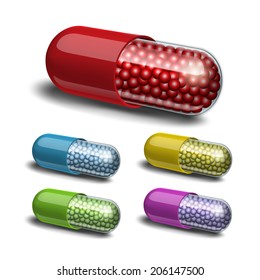 Set of medical capsule with granules on white background. Vector illustration