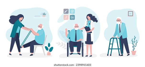 Set of medical care of elderly people. Medical staff help old disabled man in nursing home or clinic. Social workers care of sick seniors on wheelchair, nurse service. flat vector illustration