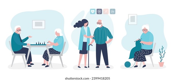 Set of medical care of elderly people. Old people enjoying time together in nursing home or clinic. Social worker care of seniors, nurse service. flat vector illustration