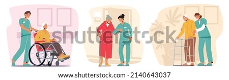 Set Medical Care of Elderly People Concept. Medics Help Old Disabled People in Nursing Home or Clinic. Social Workers Care of Sick Seniors on Wheelchair, Nurse Service. Cartoon Vector Illustration
