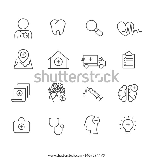 Set of  medical care icon. Hospital symbol\
outline isolated on white\
background