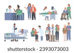 Set of medical care scenes. Doctor and patient, ultrasound examination, caring for the elderly, outpatient treatment. Vector illustration in flat style